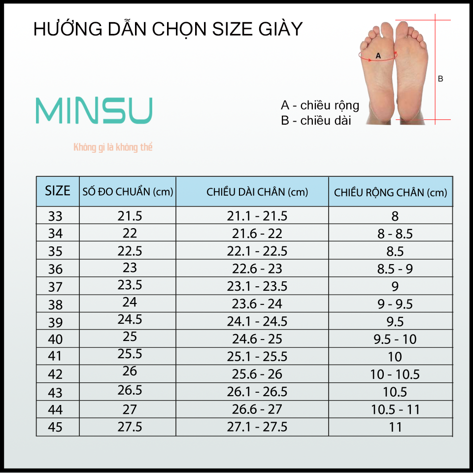 Bẳng hướng dẫn lựa size giày theo kích thước bàn chân.