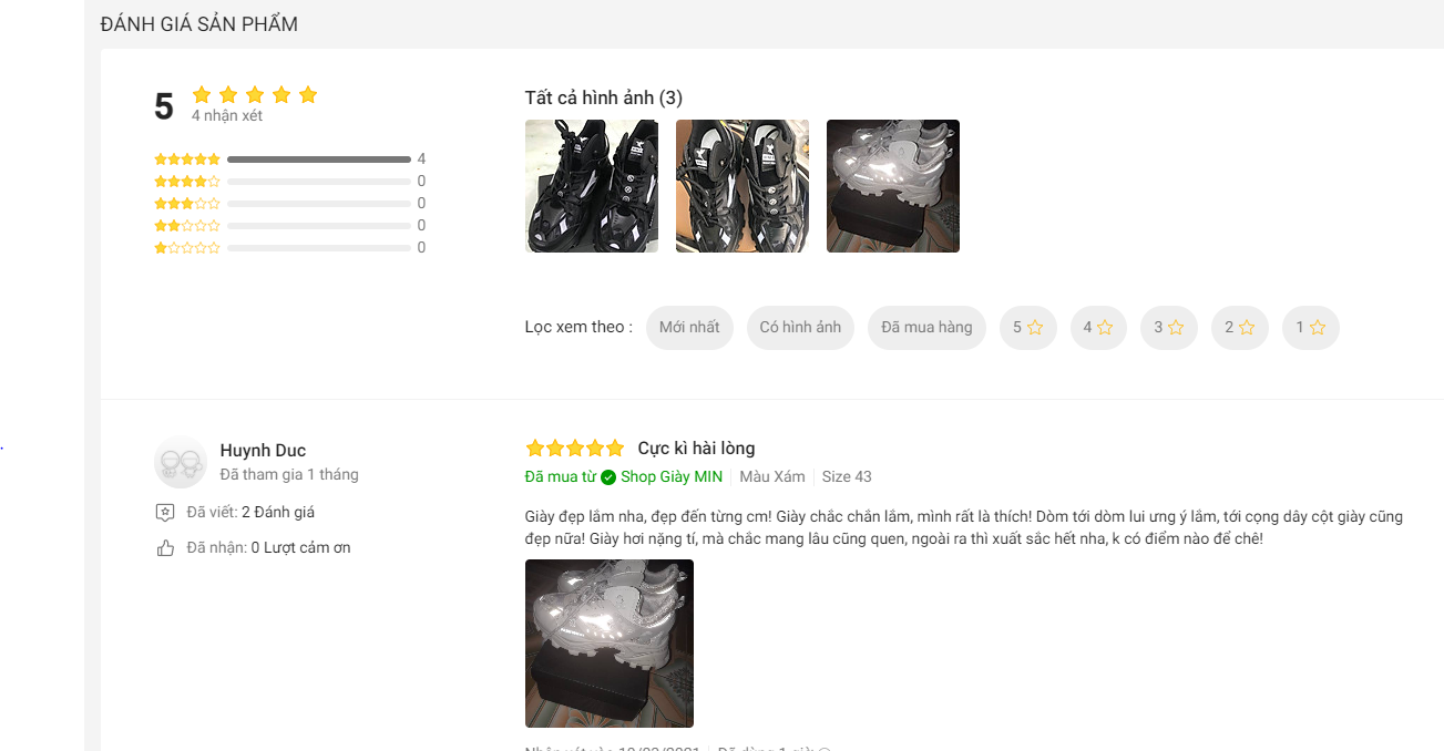 giày MINSU được đánh giá tại Tiki